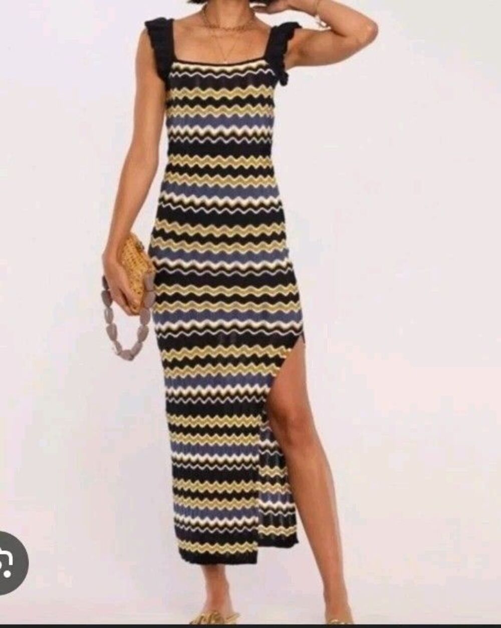 Heartloom Bennet Maxi Dress Navy Wave Chevron Pattern Ruffle Straps XSmall